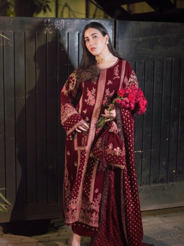 Aneela's Maroon Velvet Collection Replica