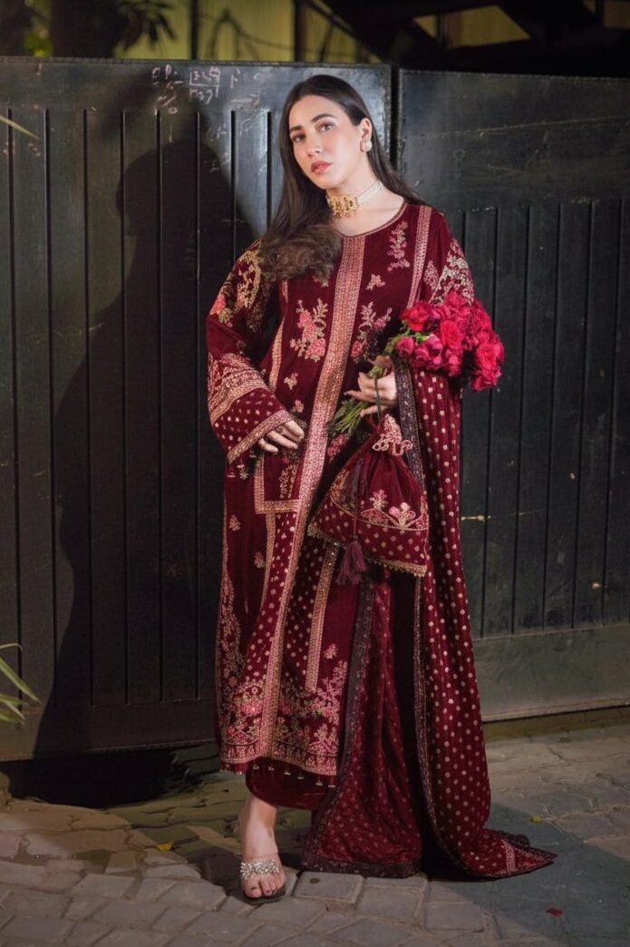 Aneela's Maroon Velvet Collection Replica