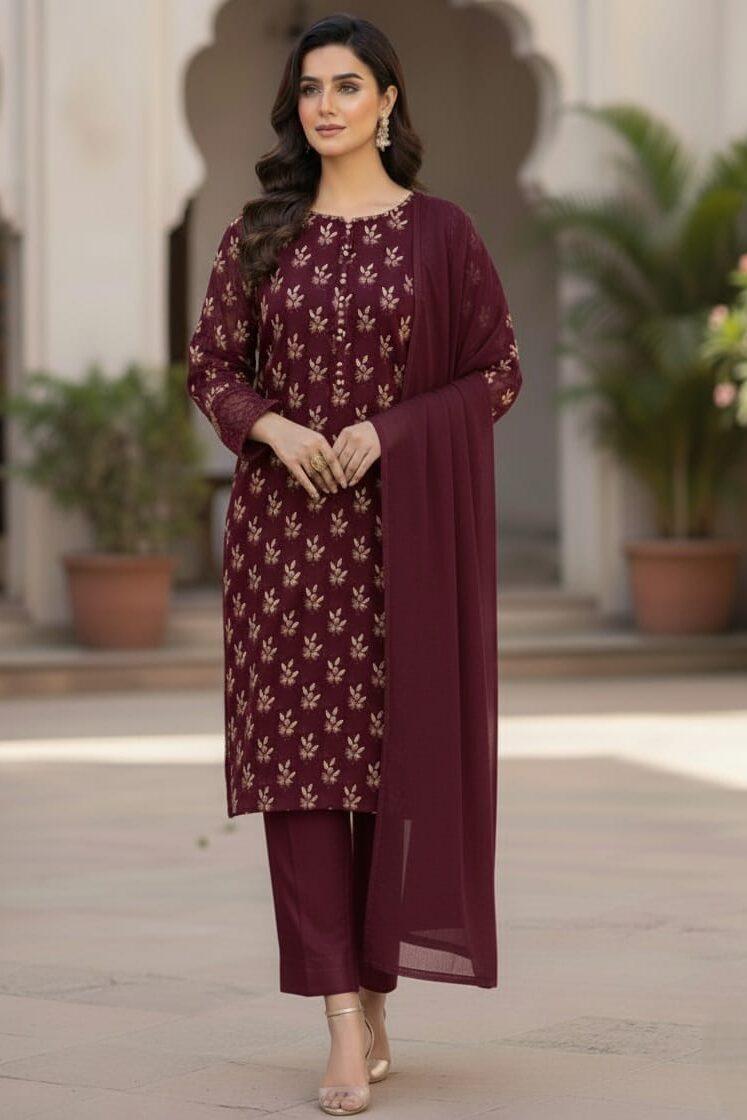 Shrenz Maroon 3 Piece Luxury Chiffon Collection