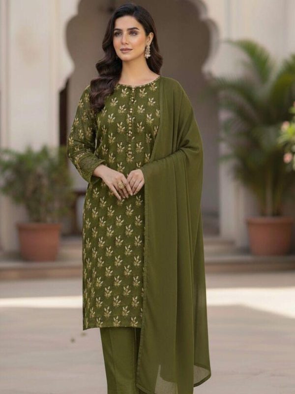 Shrenz Parrot Green 3 Piece Luxury Chiffon Collection