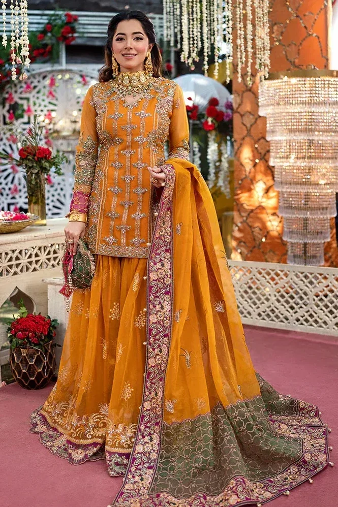 Shrenz Orange Bridal Collection Net Gharara Replica