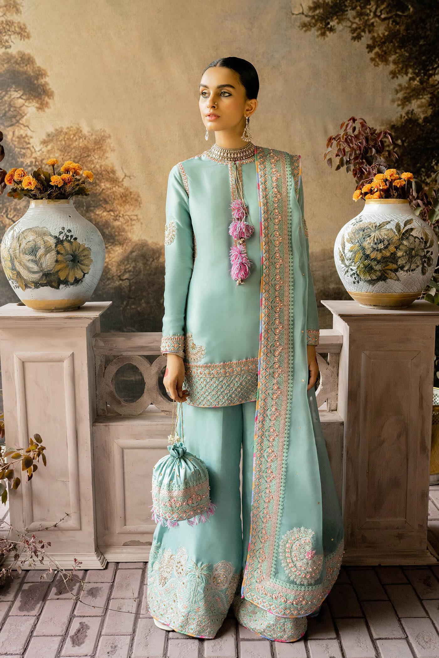 Hussain Rehar Sky Blue Formal Collection Raw Silk Replica