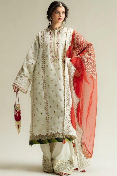 Zara Shahjahan White Formal Collection Raw Silk Replica