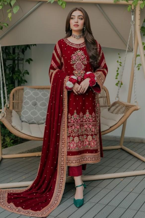 Alternative view of Aneela's Maroon Formal Velvet Collection Replica