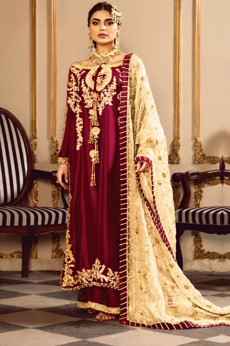 Sara Rohale Asghar Maroon Formal Collection Raw Silk Replica