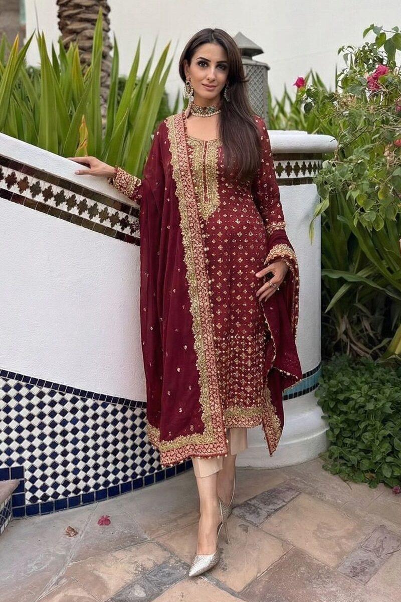 Shrenz Maroon Formal Collection Chiffon Replica