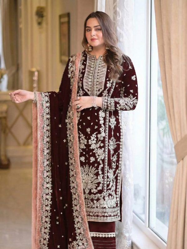 Aneela's Maroon Formal Velvet Collection Replica