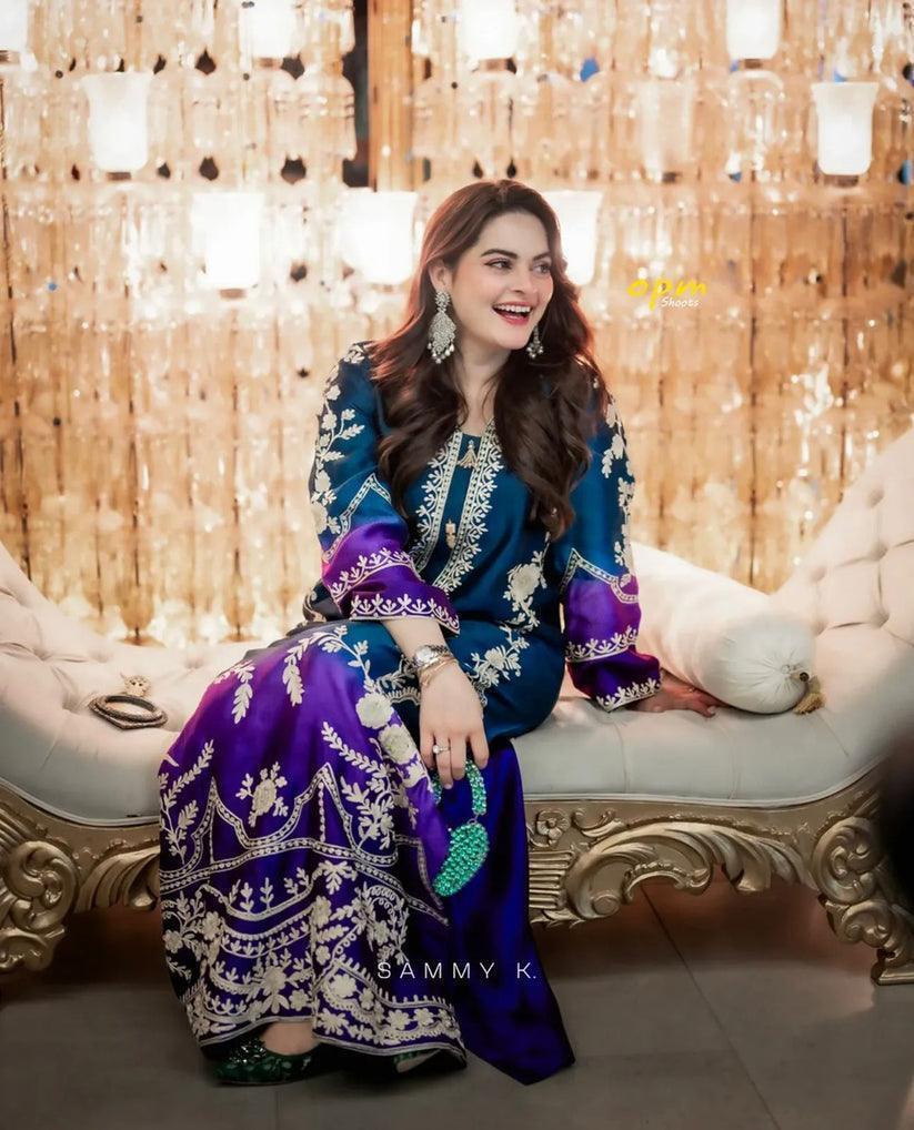 Alternative view of Shrenz 2 Piece Zinc Blue Unstitch Printed Silk Collection Replica