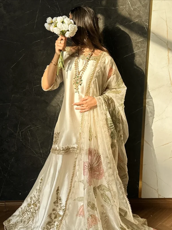 Shrenz Off-White Bridal Collection Raw Silk Gharara Replica