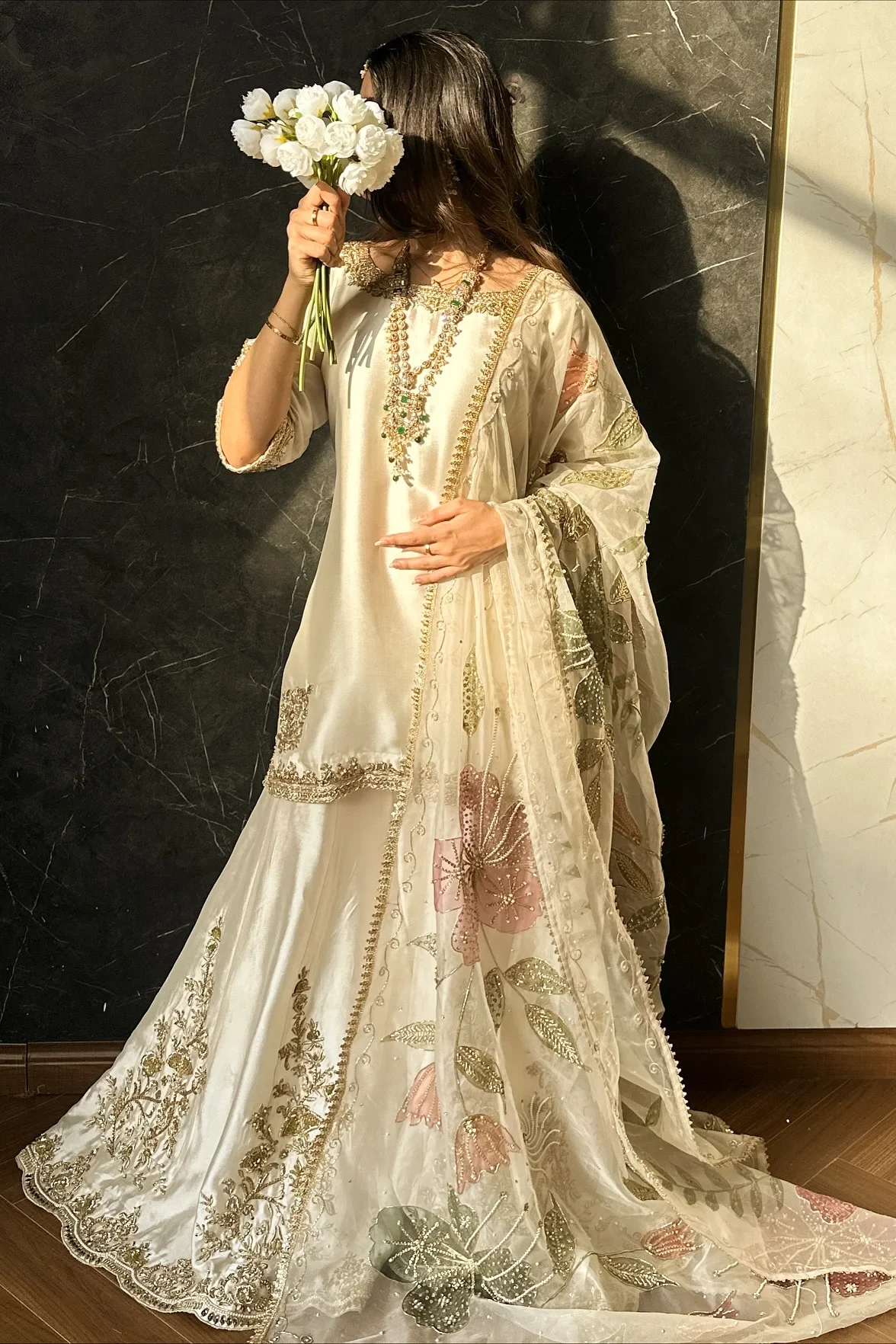 Shrenz Off-White Bridal Collection Raw Silk Gharara Replica