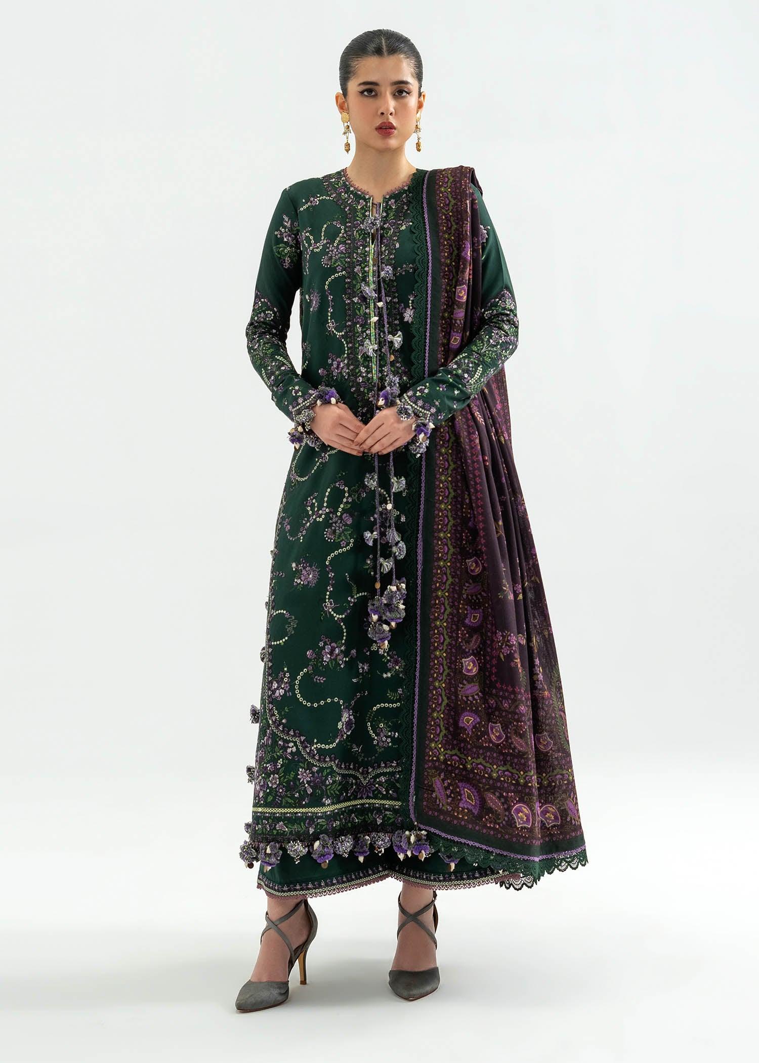 Alternative view of Hussain Rehar Bottle Green Winter Collection Khaddar Replica