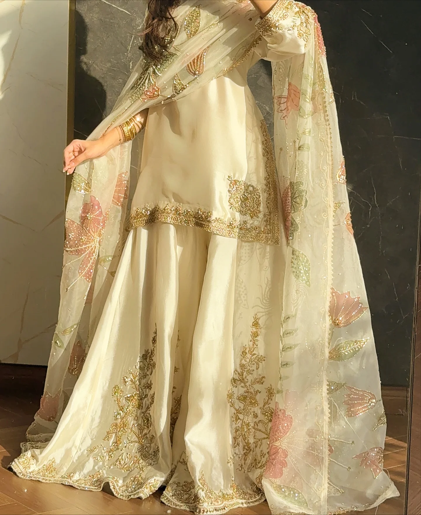 Shrenz Off-White Bridal Collection Raw Silk Gharara Replica - Image 2