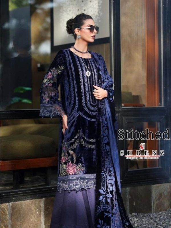 Shrenz 3 Piece Stitched Navy Velvet Pret Collection