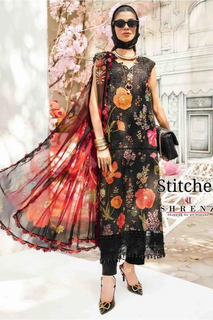 Shrenz 3 Piece Stitched Black Lawn Pret Collection