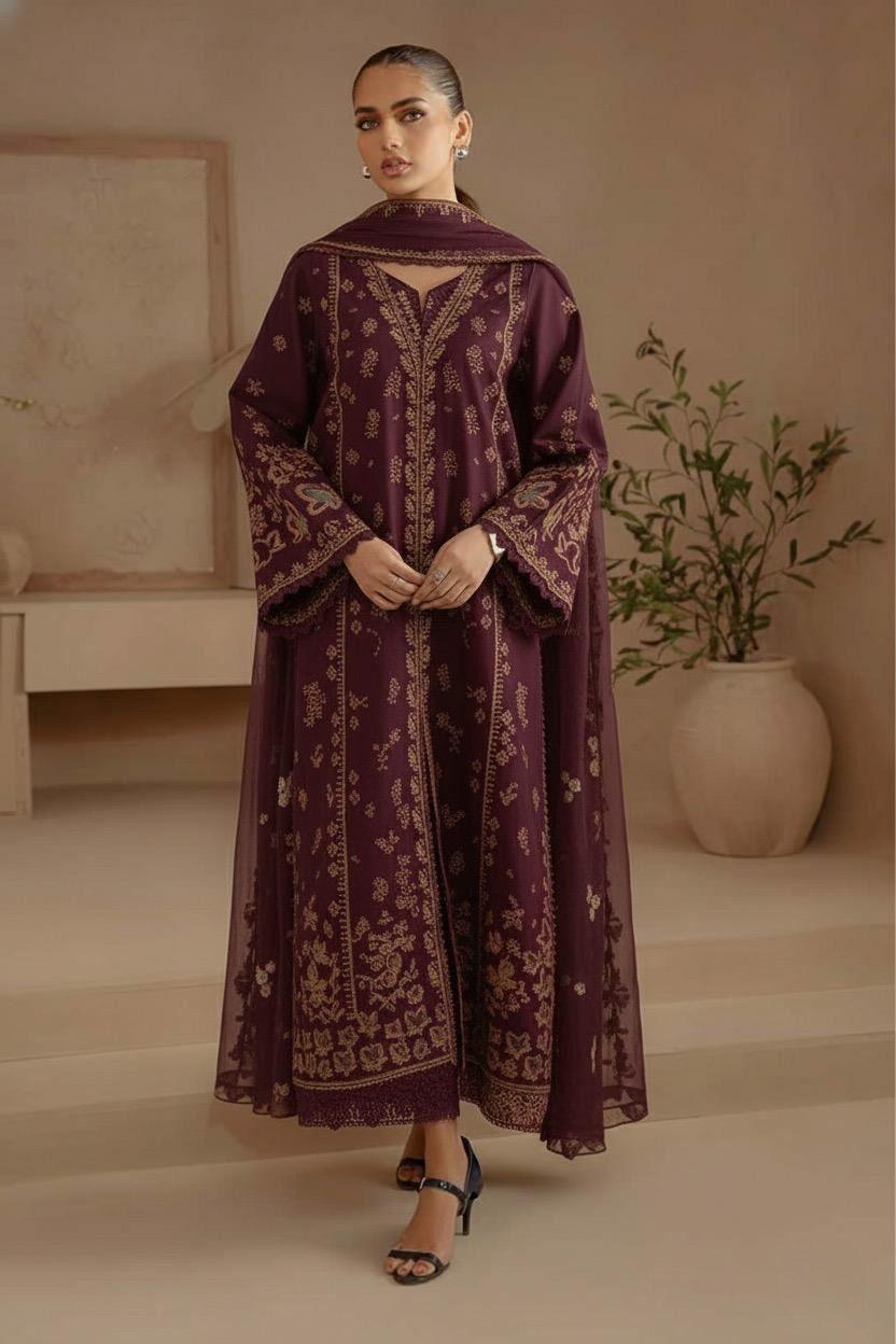 Afrozeh Maroon Luxury Lawn Collection Replica