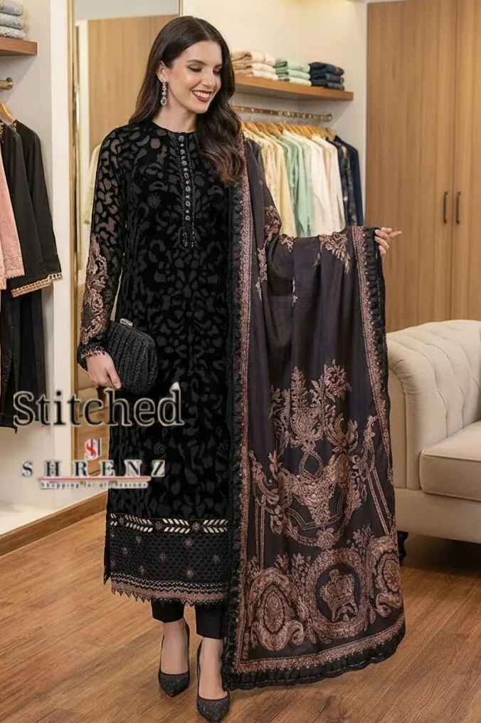 Shrenz 3 Piece Stitched Palachi Velvet Pret Collection