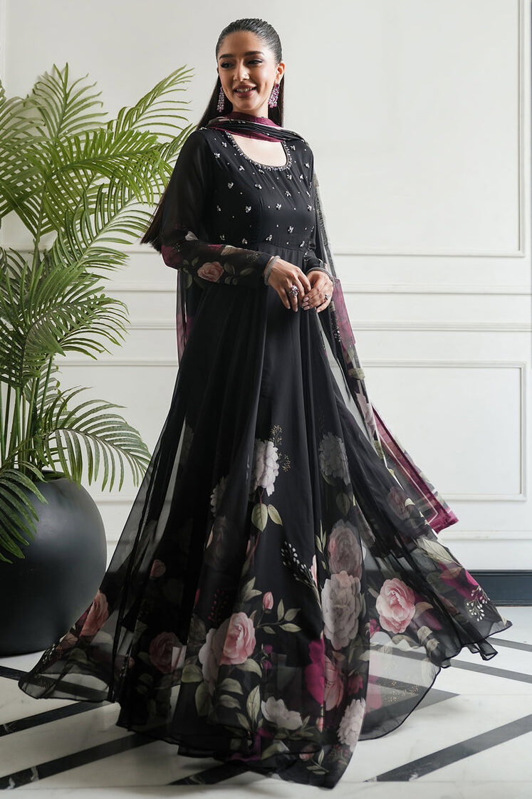 Lulusar Jet Black Digital Printed Chiffon Collection Maxi Replica