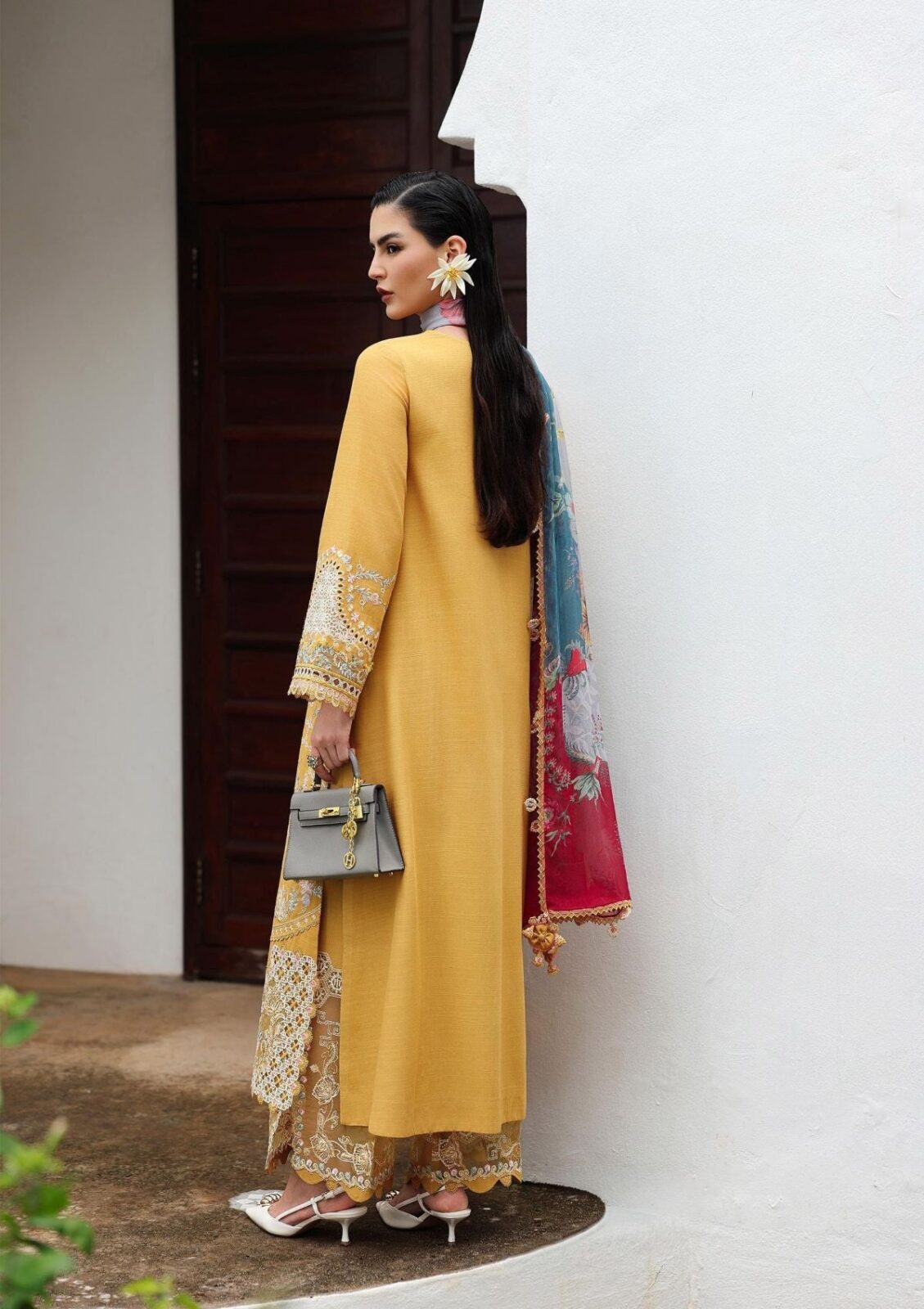 Qalamkar Yellow Luxury Lawn Collection Replica - Image 3