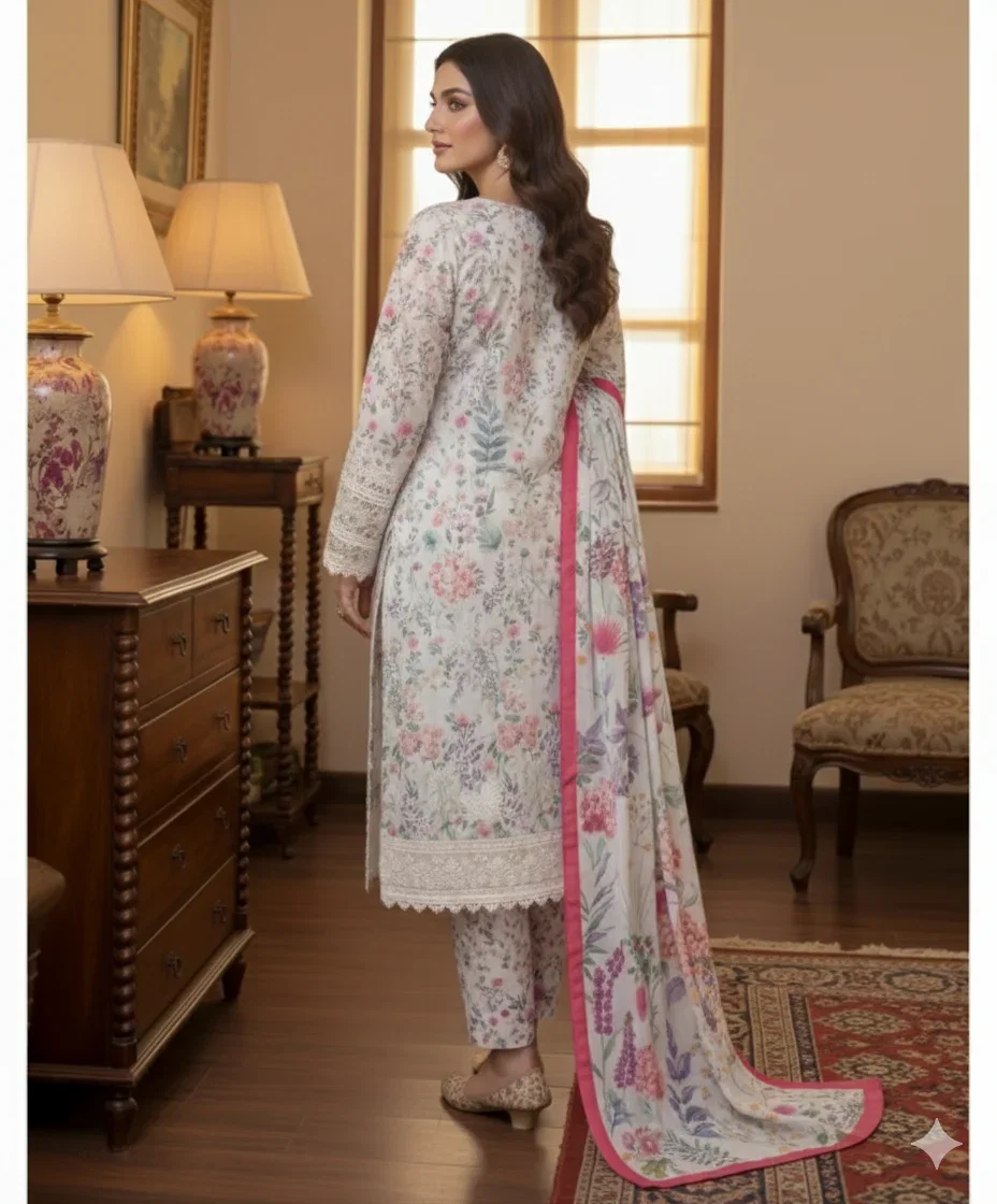 Alternative view of Shrenz Grey Luxury Printed Lawn Collection Replica