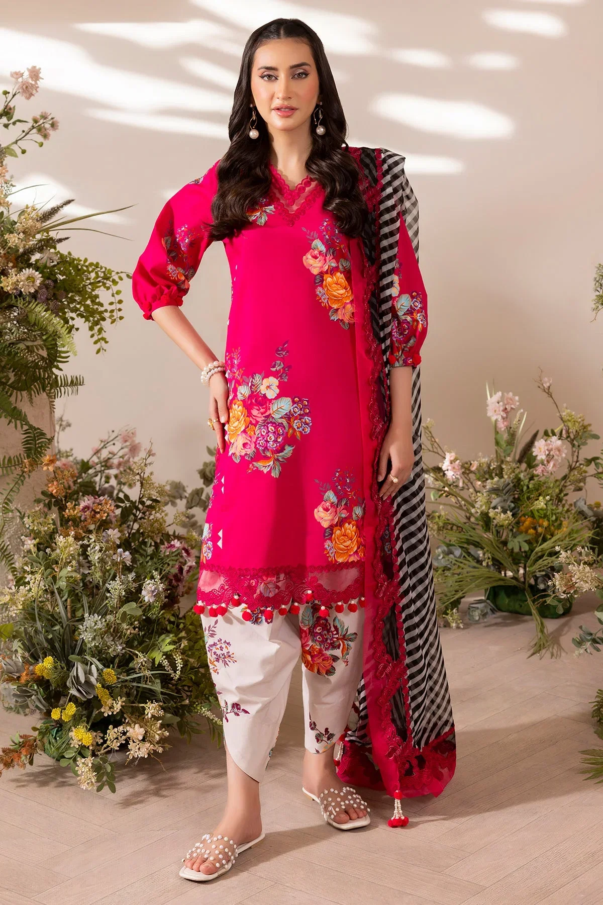 Alternative view of Charizma Shocking Pink  Printed Lawn Collection Replica