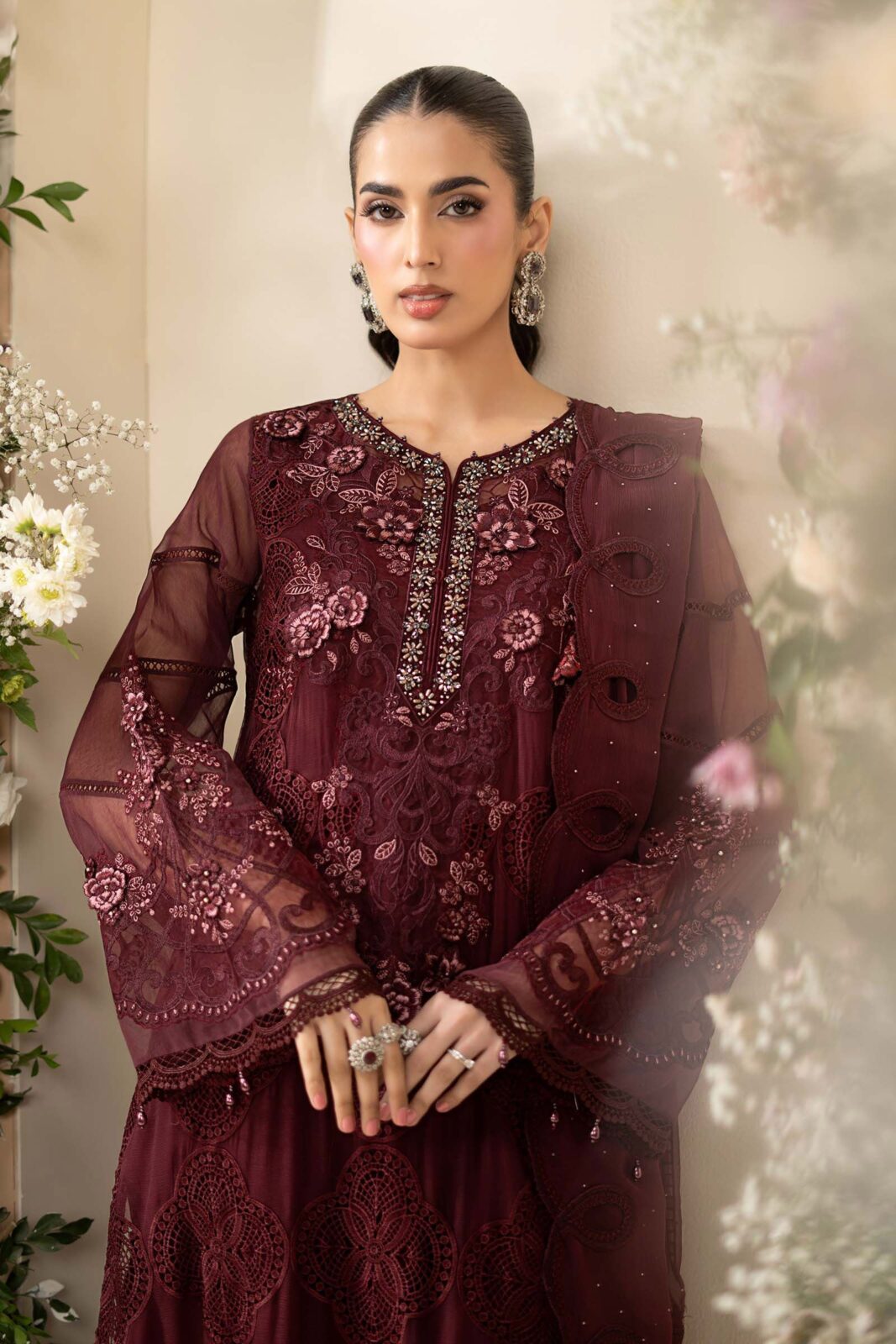 Maria B Maroon Chiffon Collection Replica - Image 3
