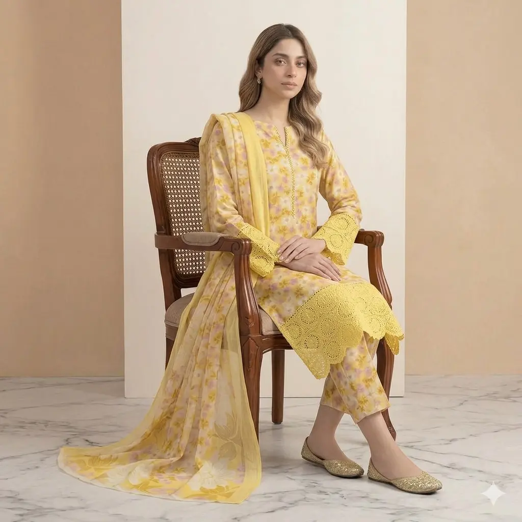 Safak Yellow Printed Lawn Collection Replica - Image 3