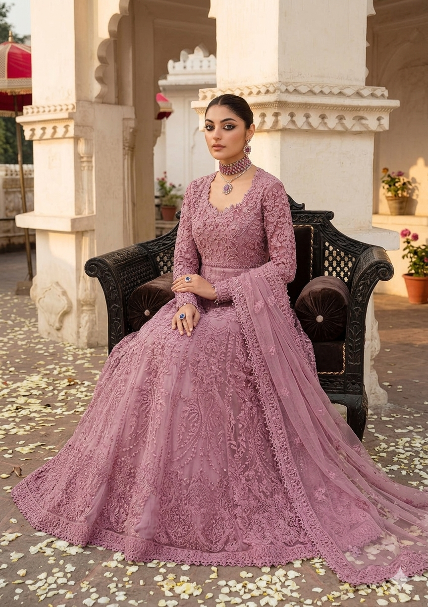 Nameera By Farooq Pink Bridal Collection Net Maxi Replica - Image 3