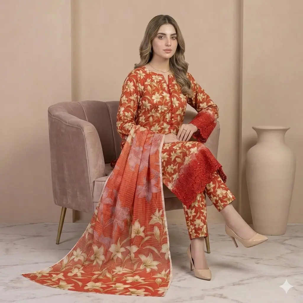 Safak Orange Printed Lawn Collection Replica - Image 3
