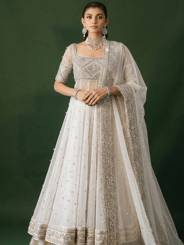 Hussain Rehar White Bridal Collection Net Maxi Replica