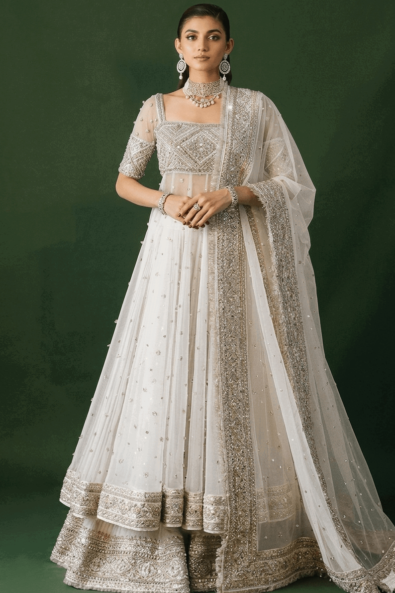 Hussain Rehar White Bridal Collection Net Maxi Replica