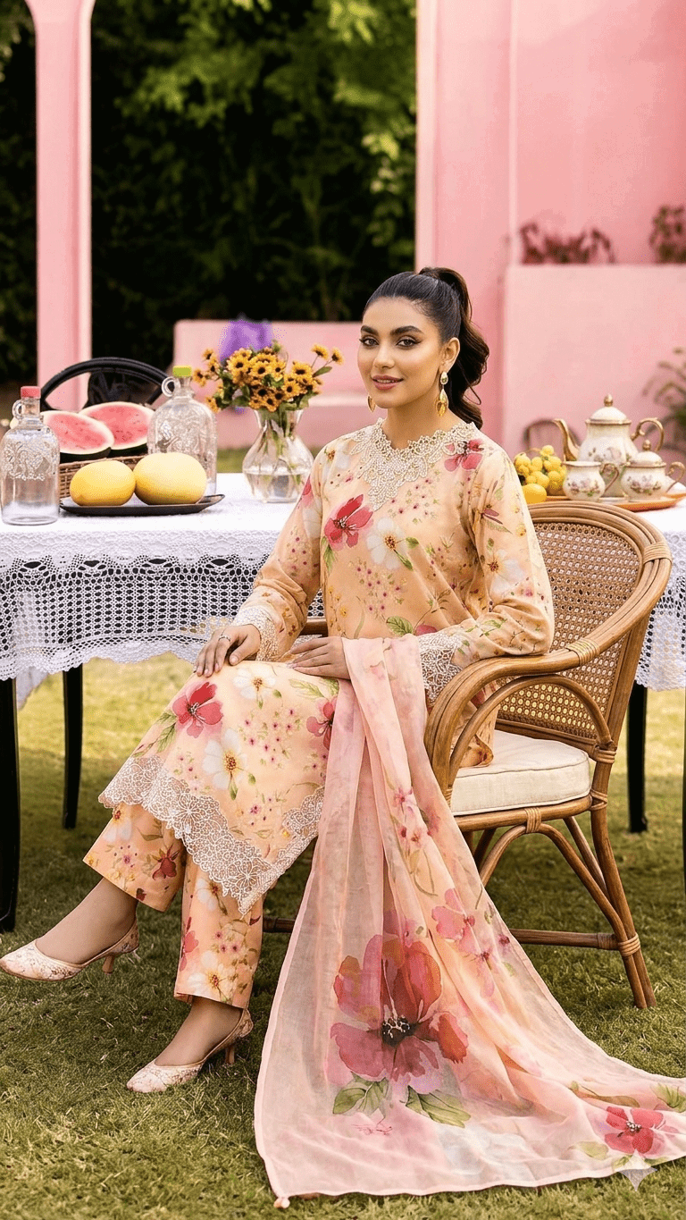 Alternative view of Ellena Peach Printed Lawn Collection Replica