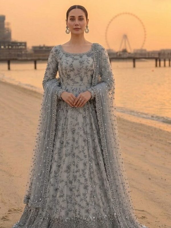 Faiza Saqlain Grey Luxury Lawn Collection Frock Replica