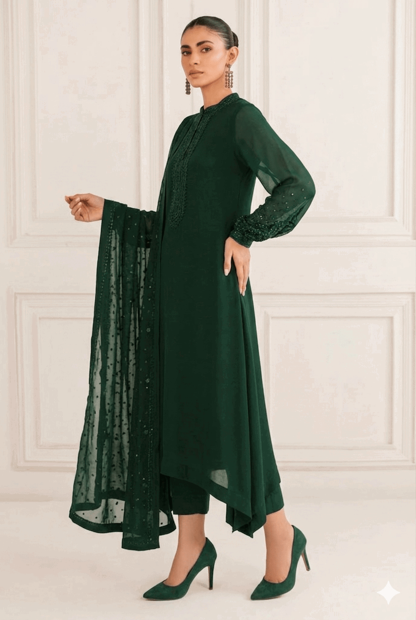 Alternative view of Baroque Bottle Green Chiffon Formal Collection Replica