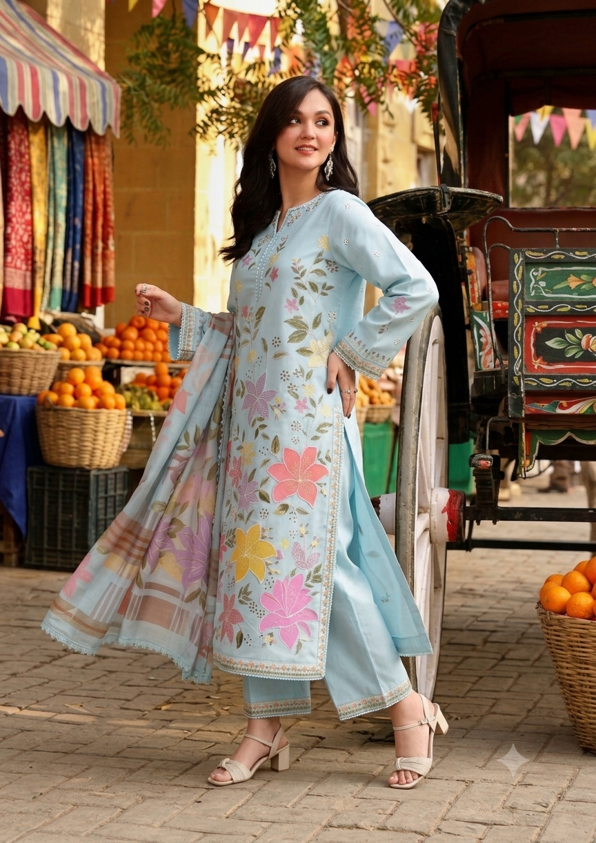 Alternative view of Aneela's Sky Blue Luxury Lawn Collection Replica