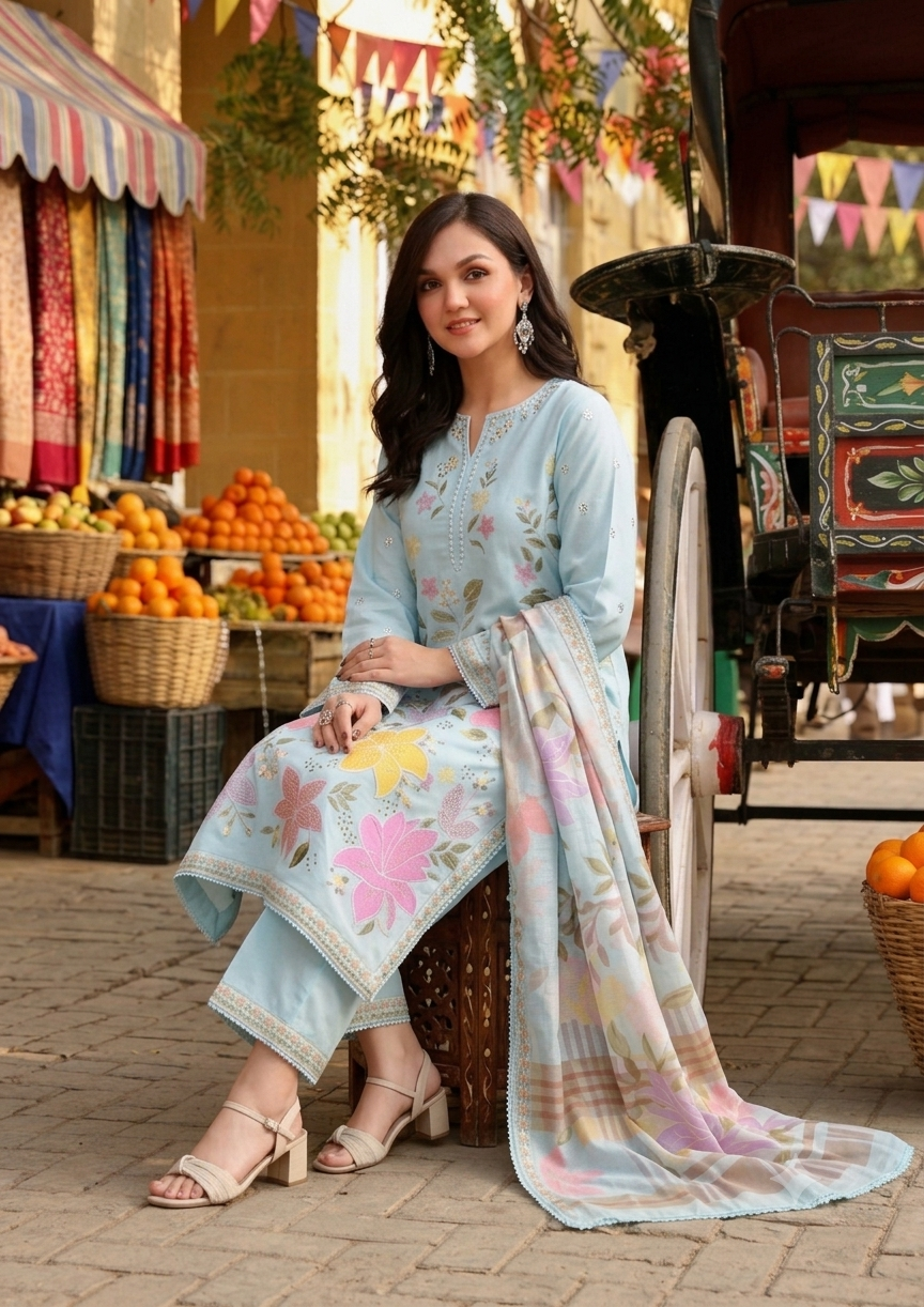 Aneela's Sky Blue Luxury Lawn Collection Replica - Image 3