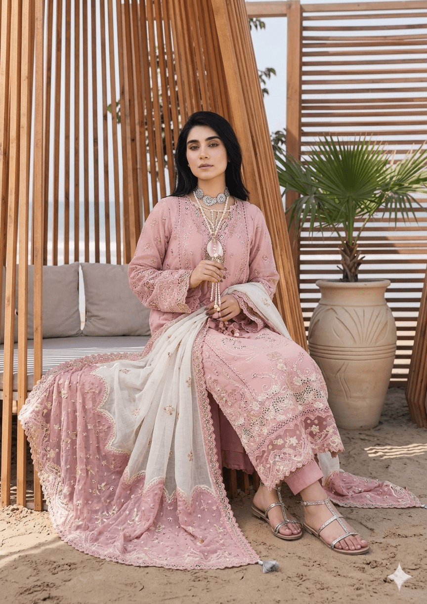 Alternative view of Qalamkar Pink Luxury Lawn Collection Replica
