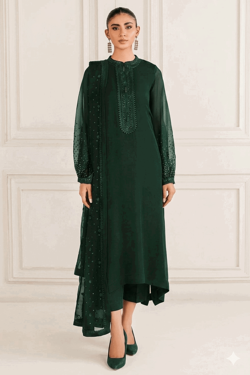 Baroque Bottle Green Chiffon Formal Collection Replica