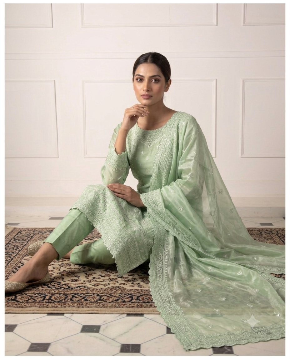 Alternative view of Shrenz Pistachio Sheesha Silk Formal Collection Replica