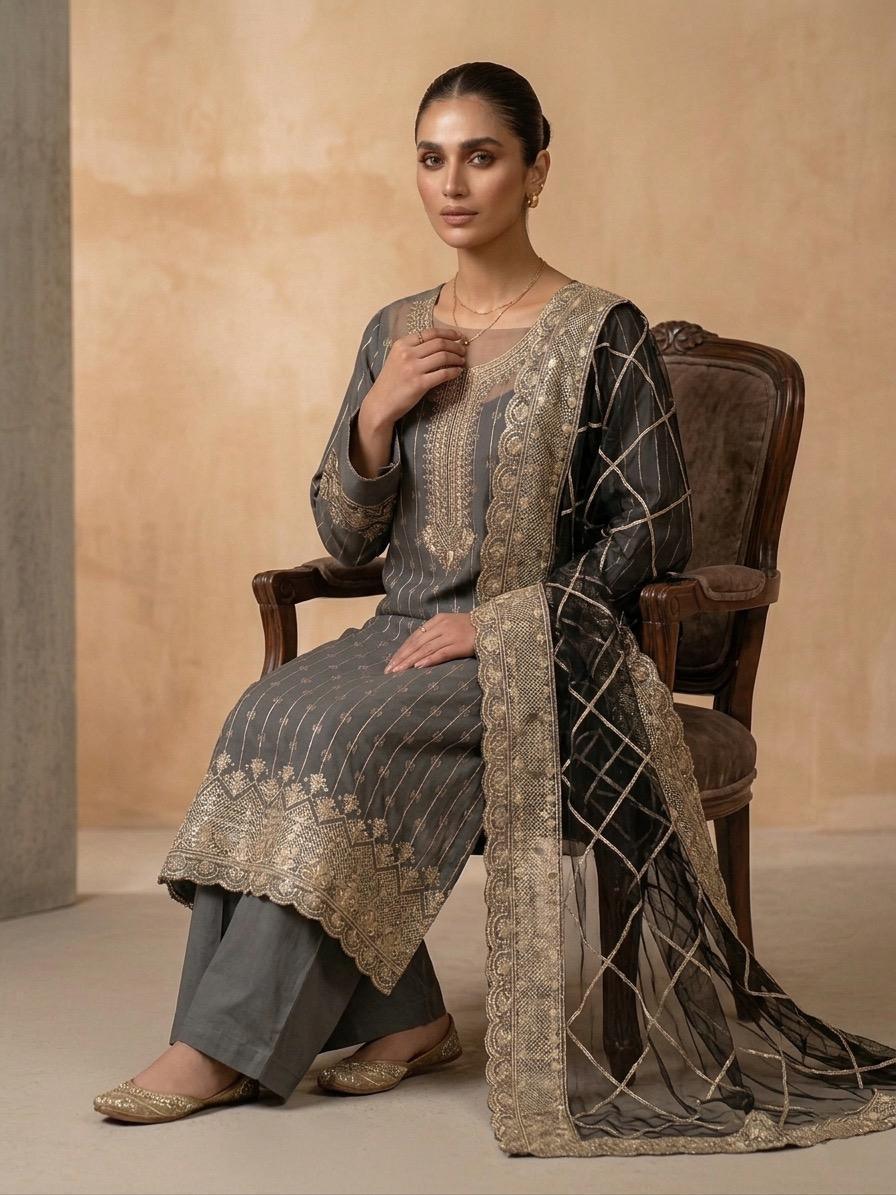 Alternative view of Shrenz Grey Luxury Lawn Collection Replica