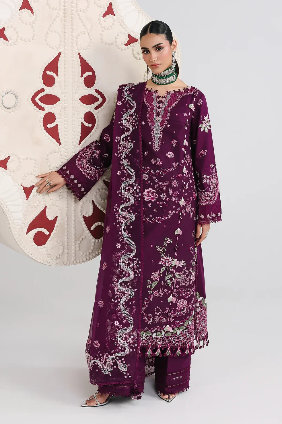 Qalamkar Burgundy Luxury Lawn Collection Replica