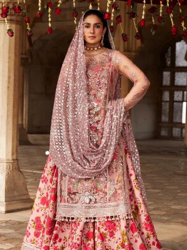 Hussain Rehar Pink Soft Net Formal Collection Replica