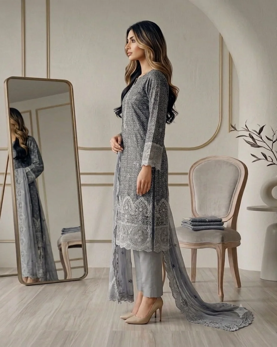 Shrenz Grey Luxury Lawn Collection Replica - Image 2