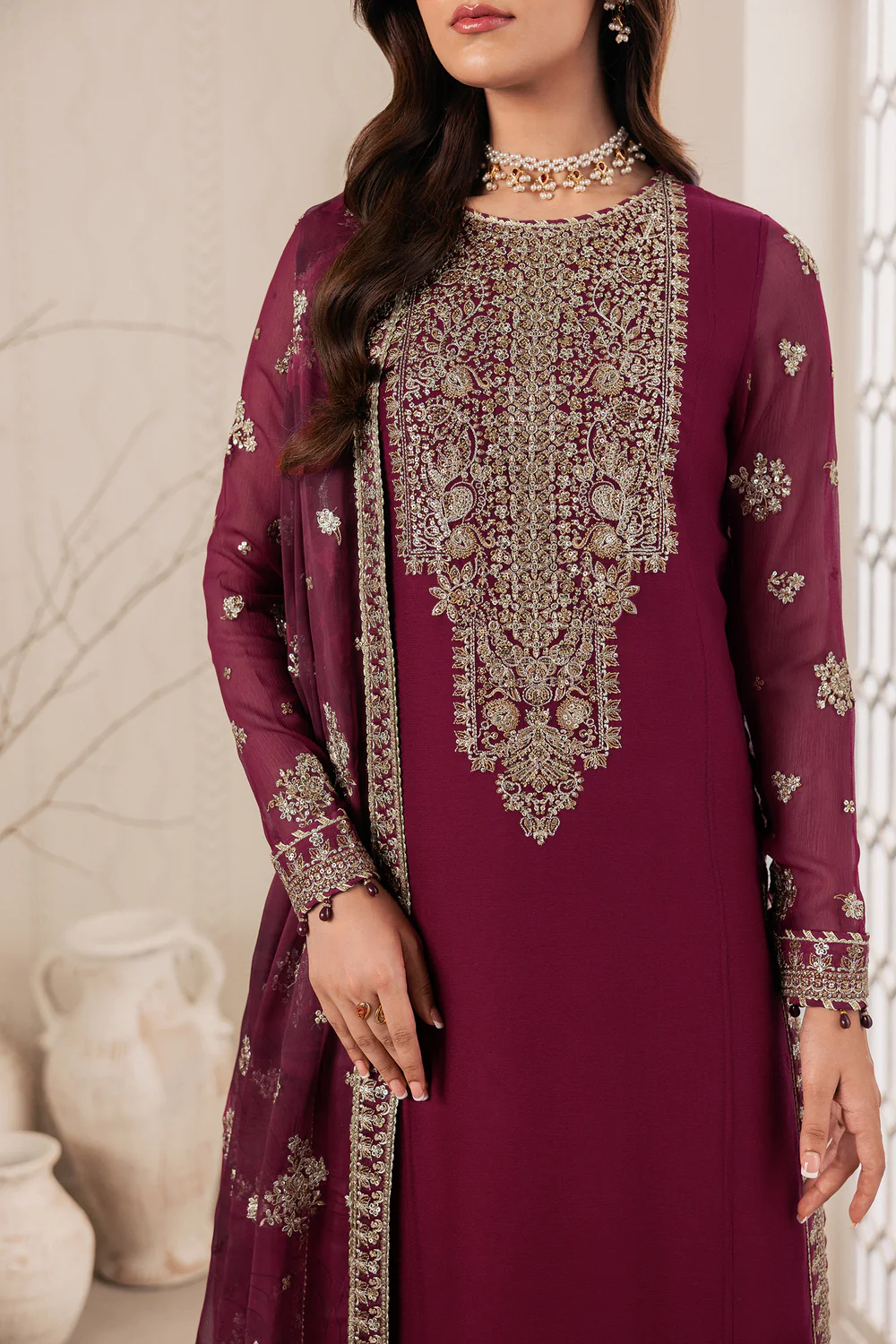 Zarif Maroon Chiffon Formal Collection Replica - Image 3