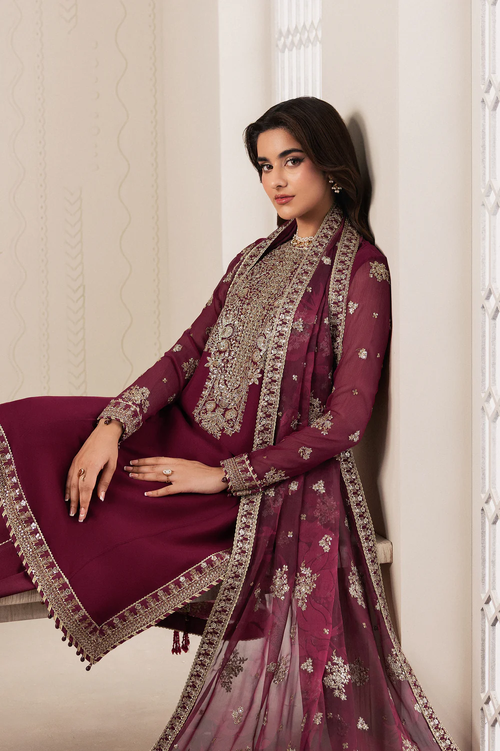 Zarif Maroon Chiffon Formal Collection Replica - Image 4