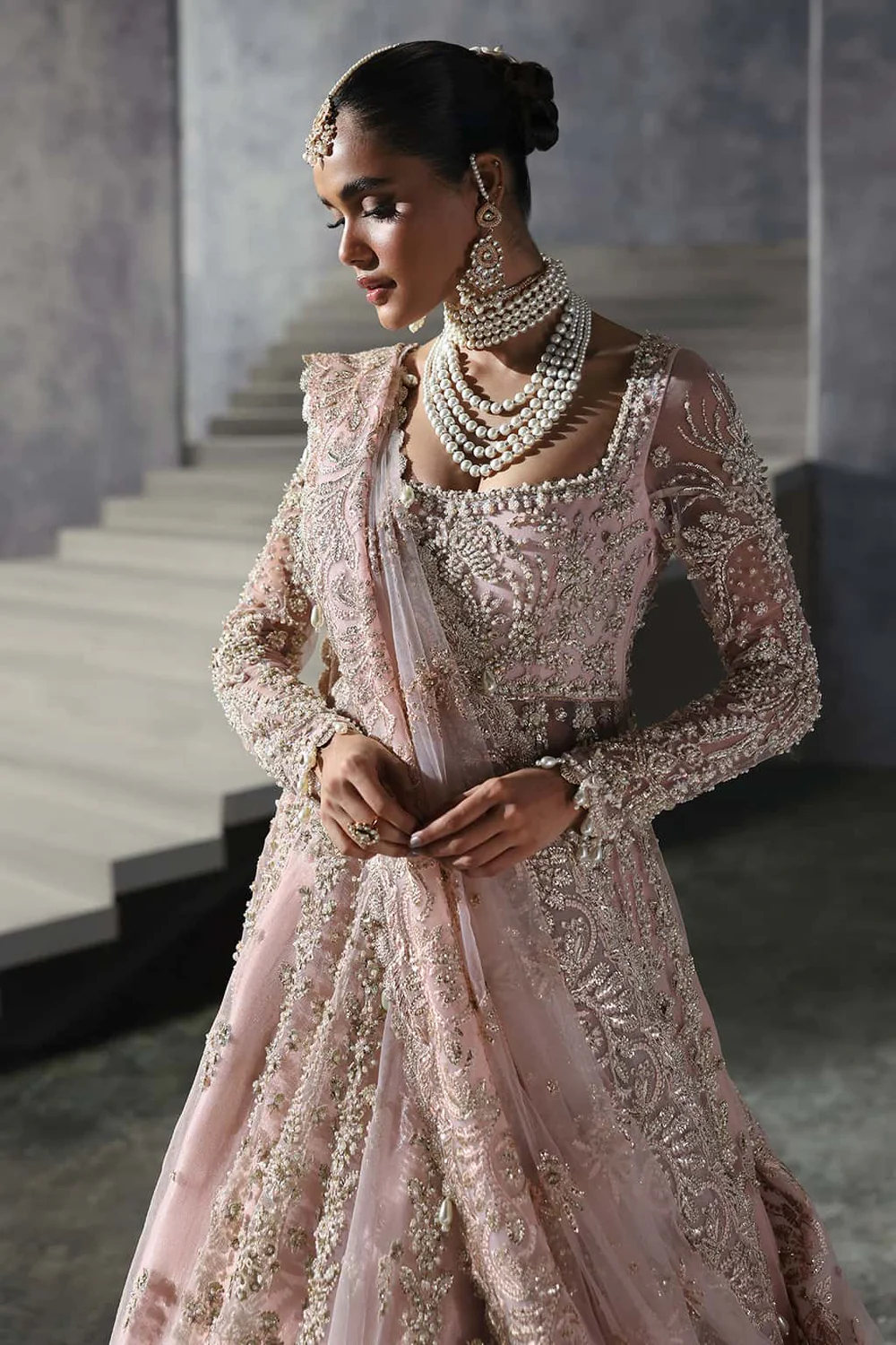 Afrozeh Peach Net Bridal Collection Replica - Image 3