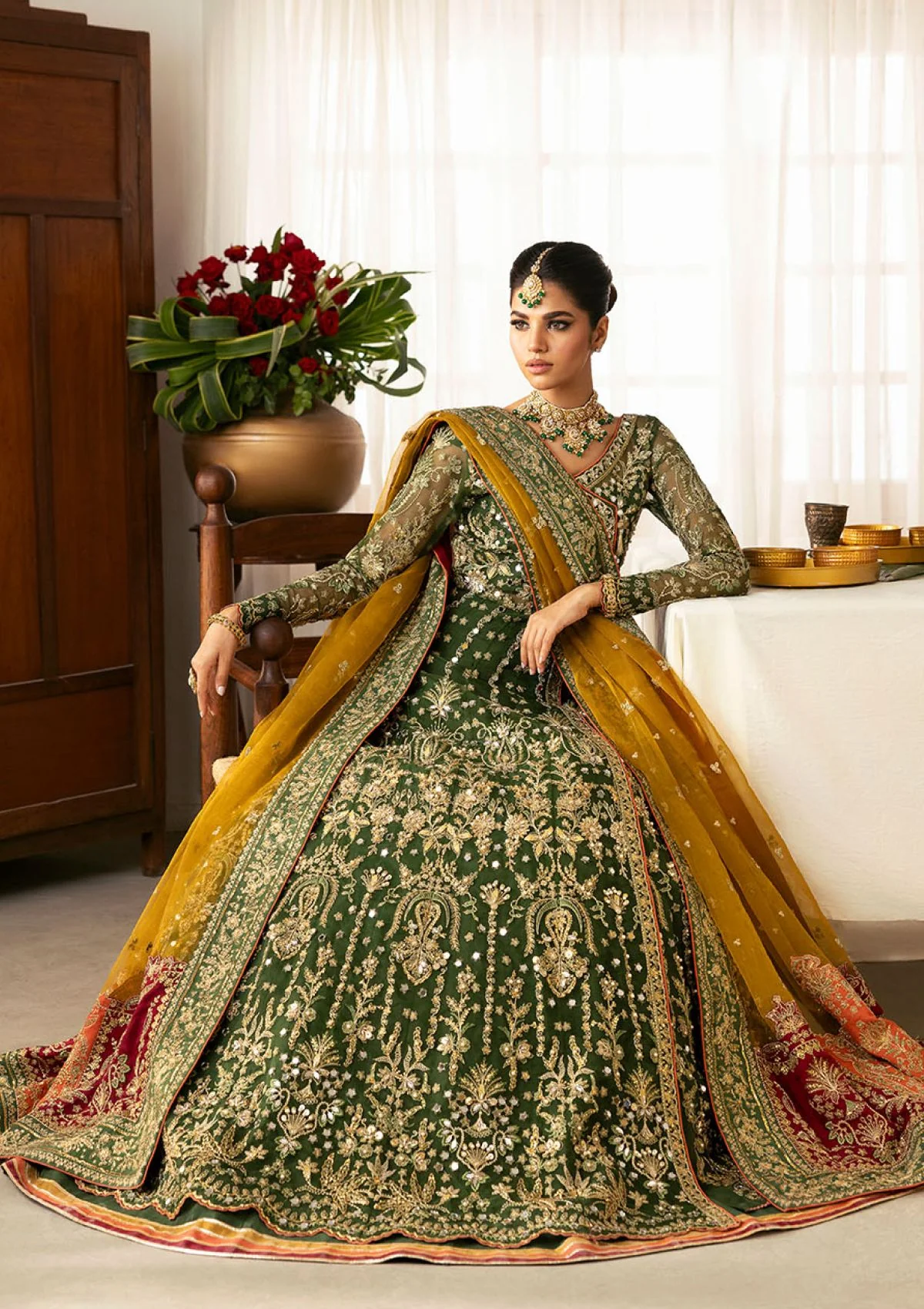 Gulaal Bottle Green Net Bridal Collection Replica - Image 4