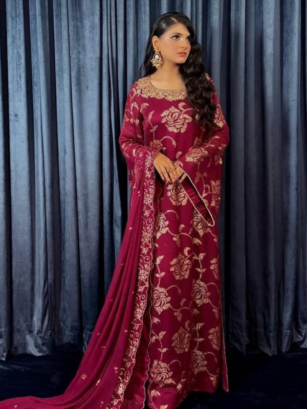 Shrenz Maroon Chiffon Formal Collection Replica
