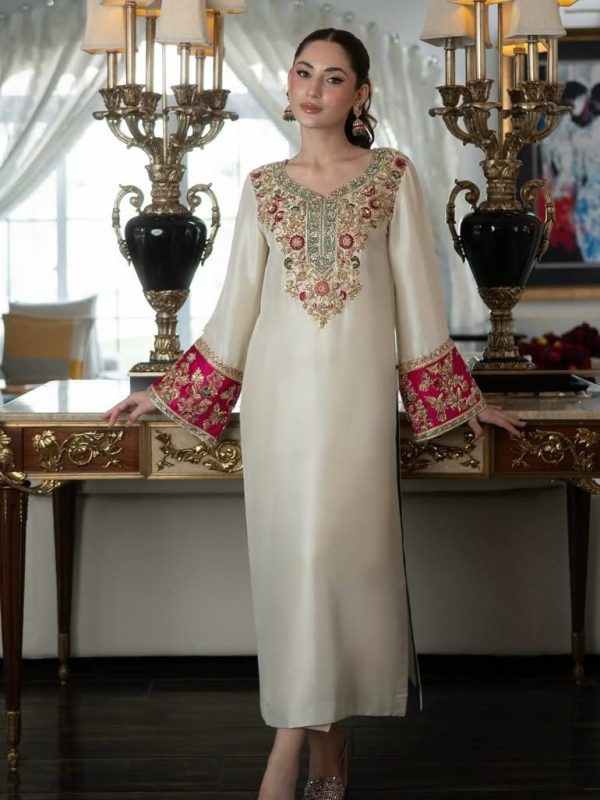 Shrenz White Raw Silk Formal Collection Replica