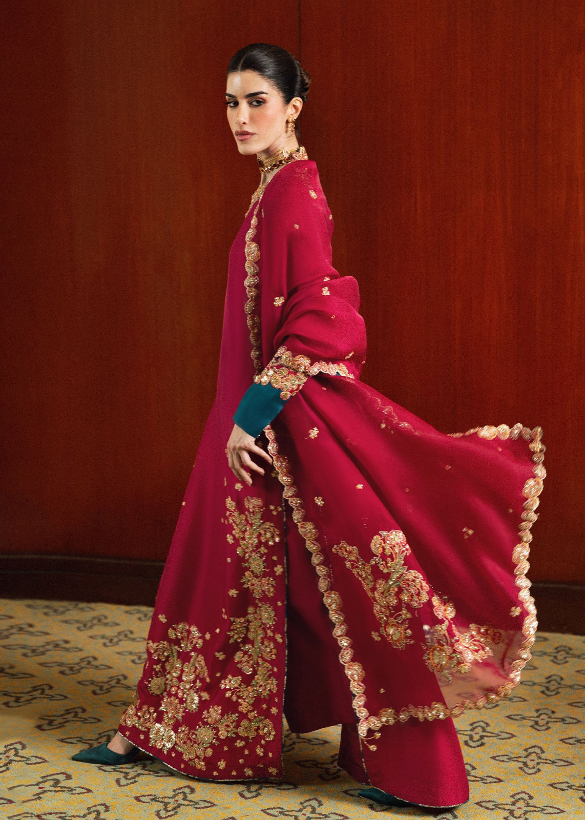 Hussain Rehar Shocking Pink Raw Silk Formal Collection Replica - Image 2
