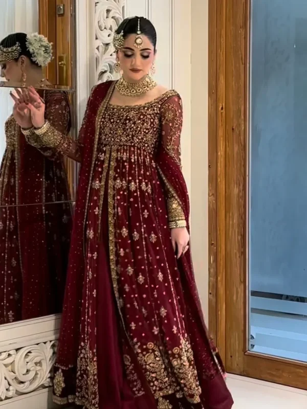 Haris Shakeel Maroon Net Bridal Collection Replica